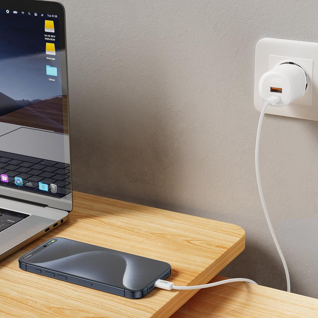 Carregador de Rede com Cabo USB-C XO Design L151, 30W, 3A, 1 x USB-A - 1 x USB-C, Branco