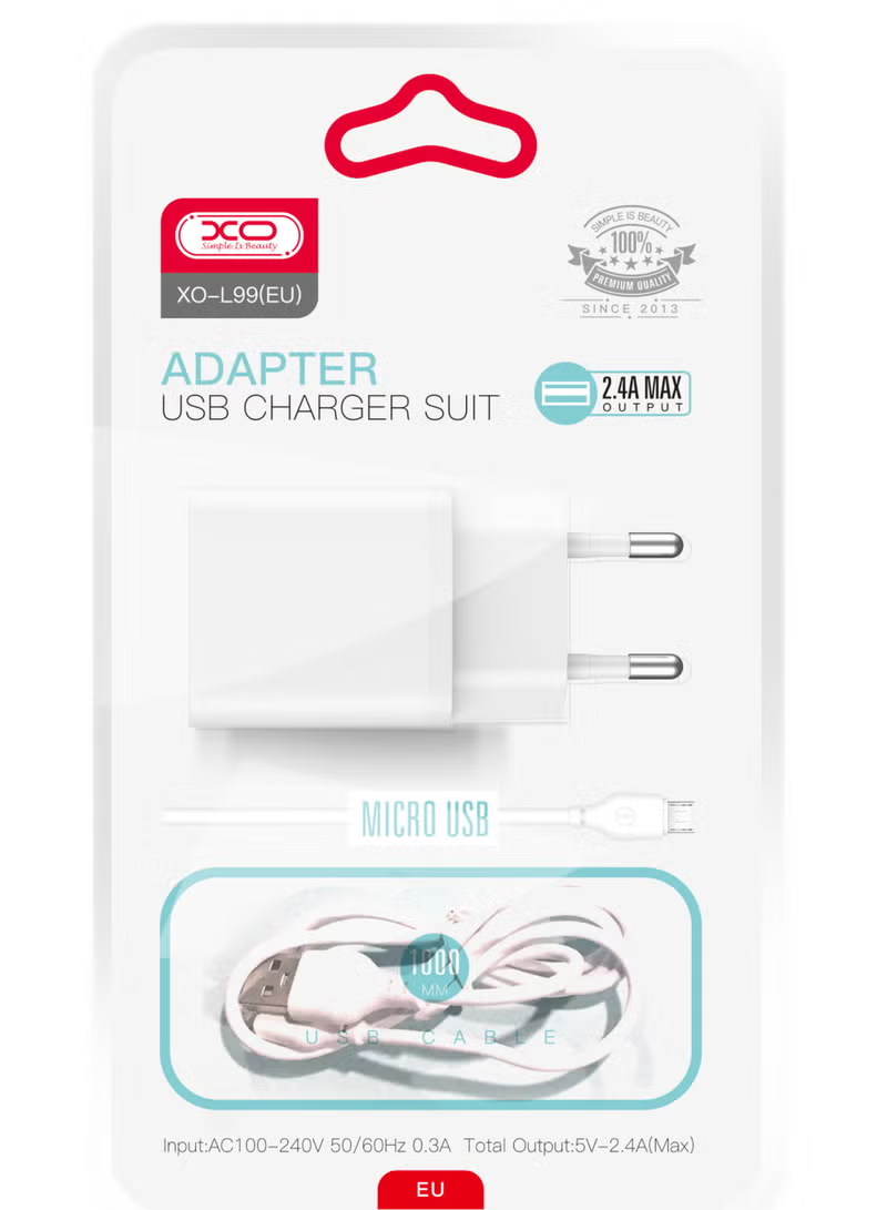 Carregador de Rede com Cabo microUSB XO Design L99, 12W, 2.4A, 1 x USB-A, Branco