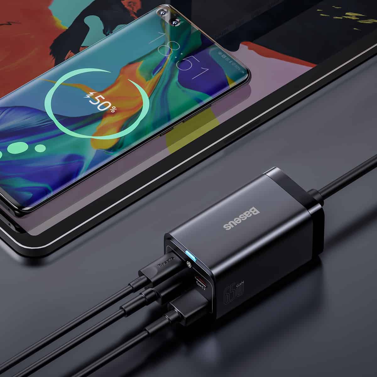 Carregador Estação Baseus GaN3 Pro, 65W, 3A, 2 x USB-A - 2 x USB-C, Preto CCGP040101