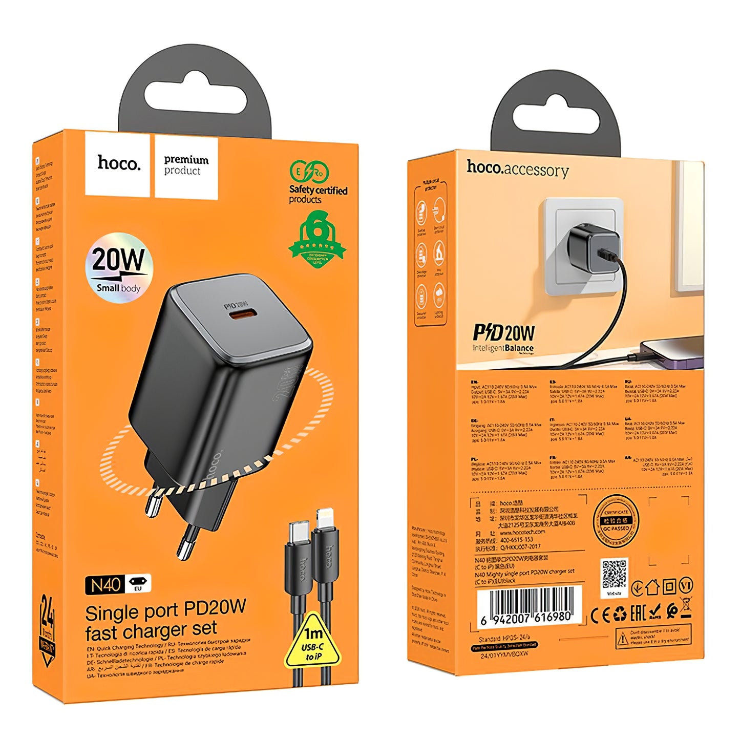 Carregador de rede com cabo Lightning HOCO N40, 20W, 3A, 1 x USB-C, preto