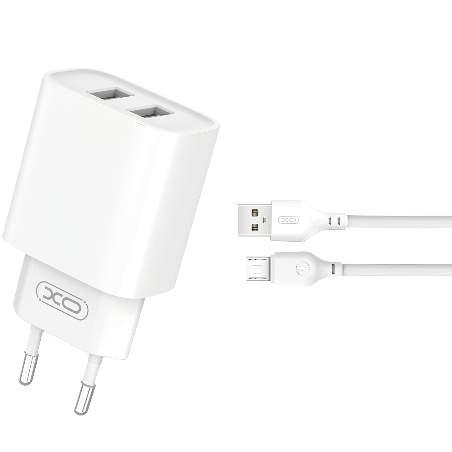Carregador de rede com cabo microUSB XO Design CE02C, 10,5 W, 2,1 A, 2 x USB-A, branco