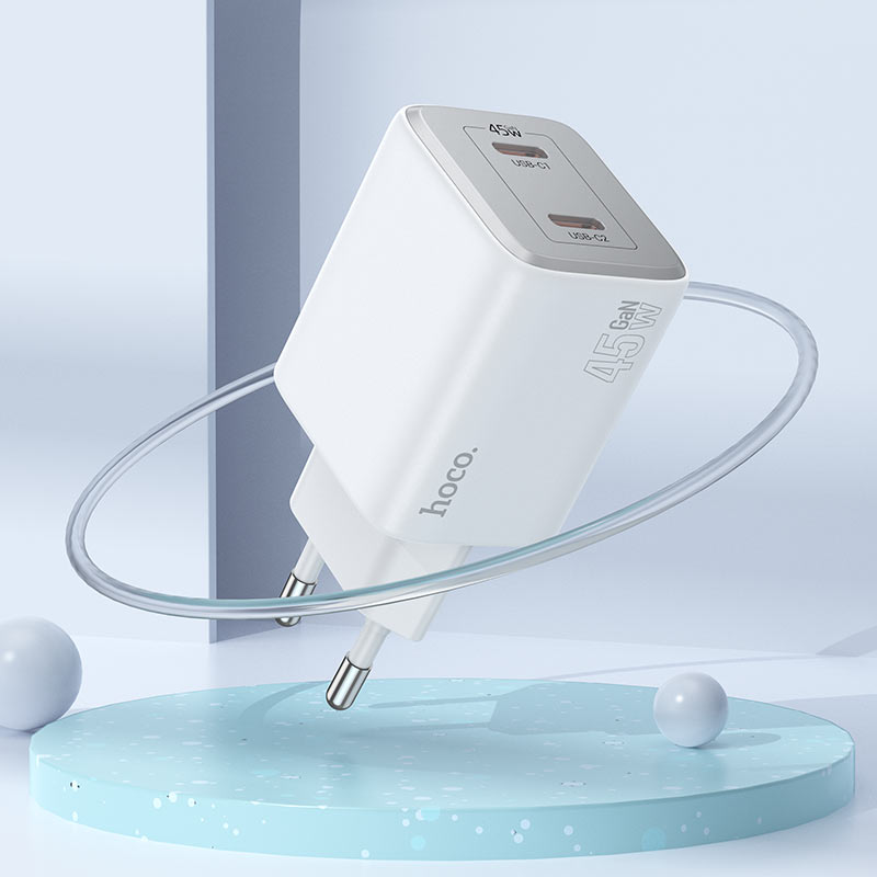 Carregador de rede com cabo Lightning HOCO N42, 45W, 3A, 2 x USB-C, branco