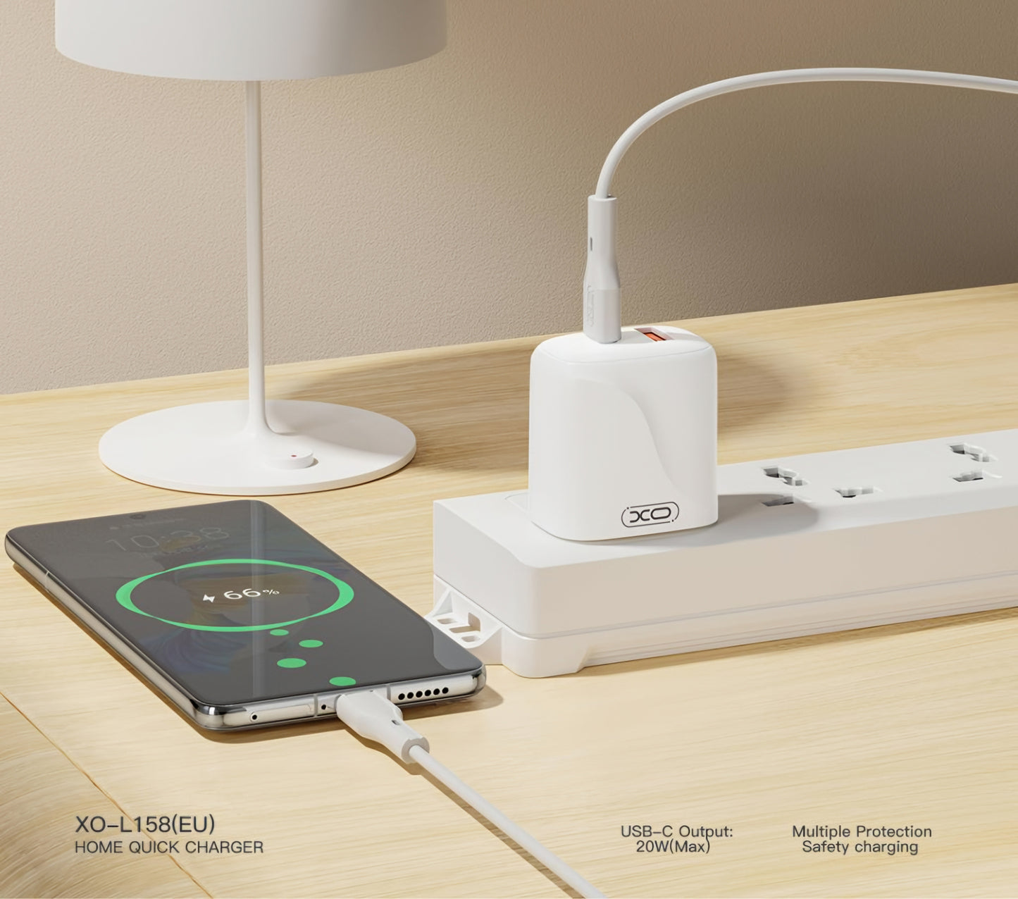 Carregador de Rede com Cabo USB-C XO Design L158, 20W, 3A, 1 x USB-A - 1 x USB-C, Branco