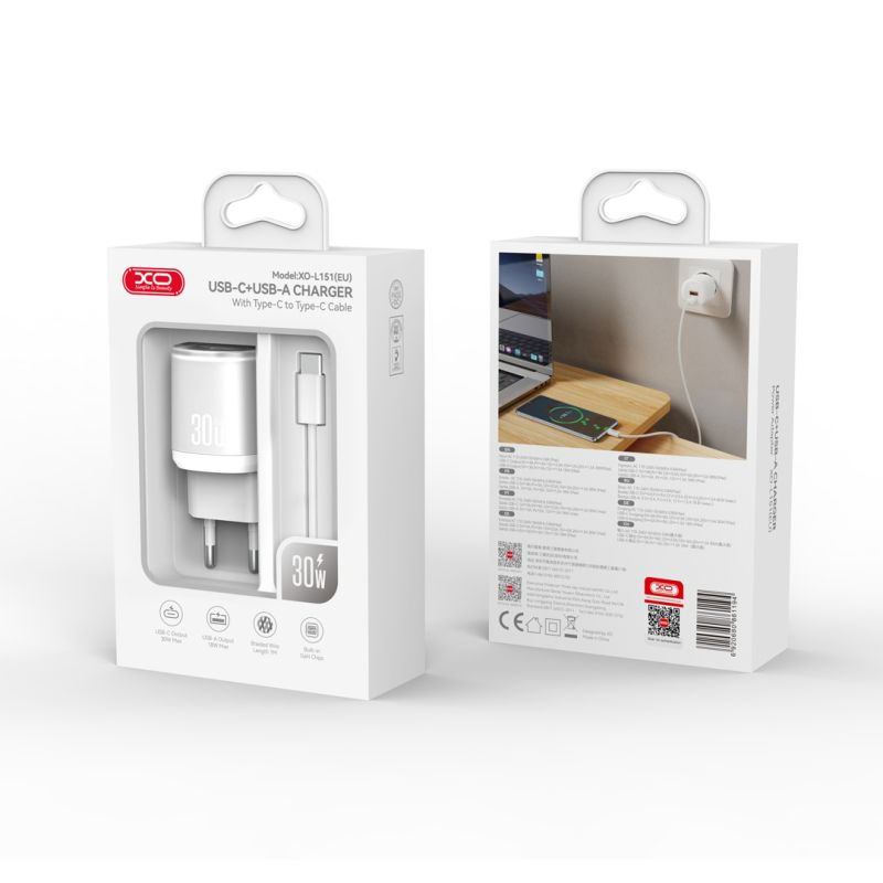 Carregador de Rede com Cabo USB-C XO Design L151, 30W, 3A, 1 x USB-A - 1 x USB-C, Branco