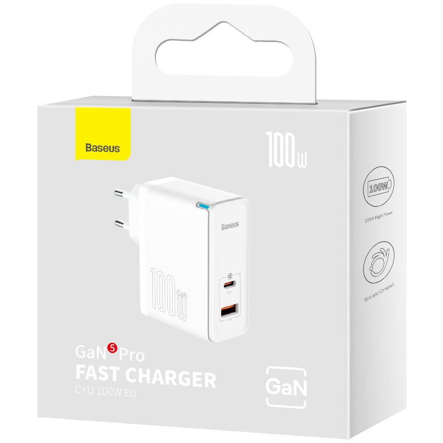 Carregador de Rede com Cabo USB-C Baseus GaN5 Pro, 100W, 3A, 1 x USB-A - 1 x USB-C, Branco CCGP090202