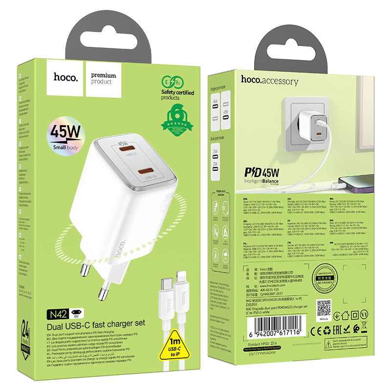 Carregador de rede com cabo Lightning HOCO N42, 45W, 3A, 2 x USB-C, branco