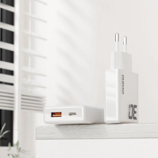 Carregador de rede com cabo USB-C Dudao A30EUT, 30W, 3A, 1 x USB-A - 1 x USB-C, branco