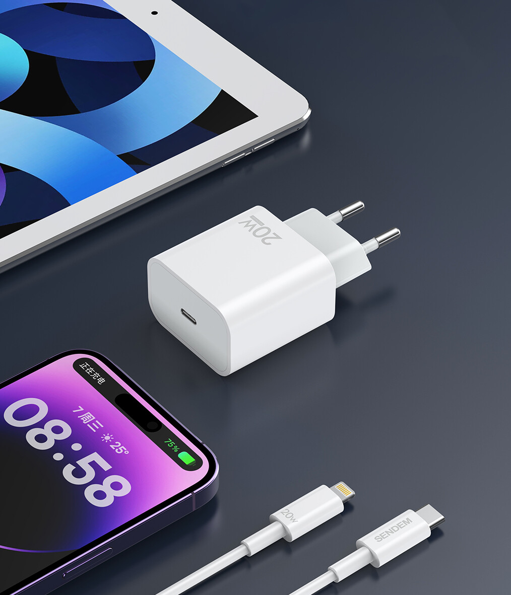 Carregador de Rede com Cabo USB-C Sendem OG73, 20W, 3A, 1 x USB-C, Branco