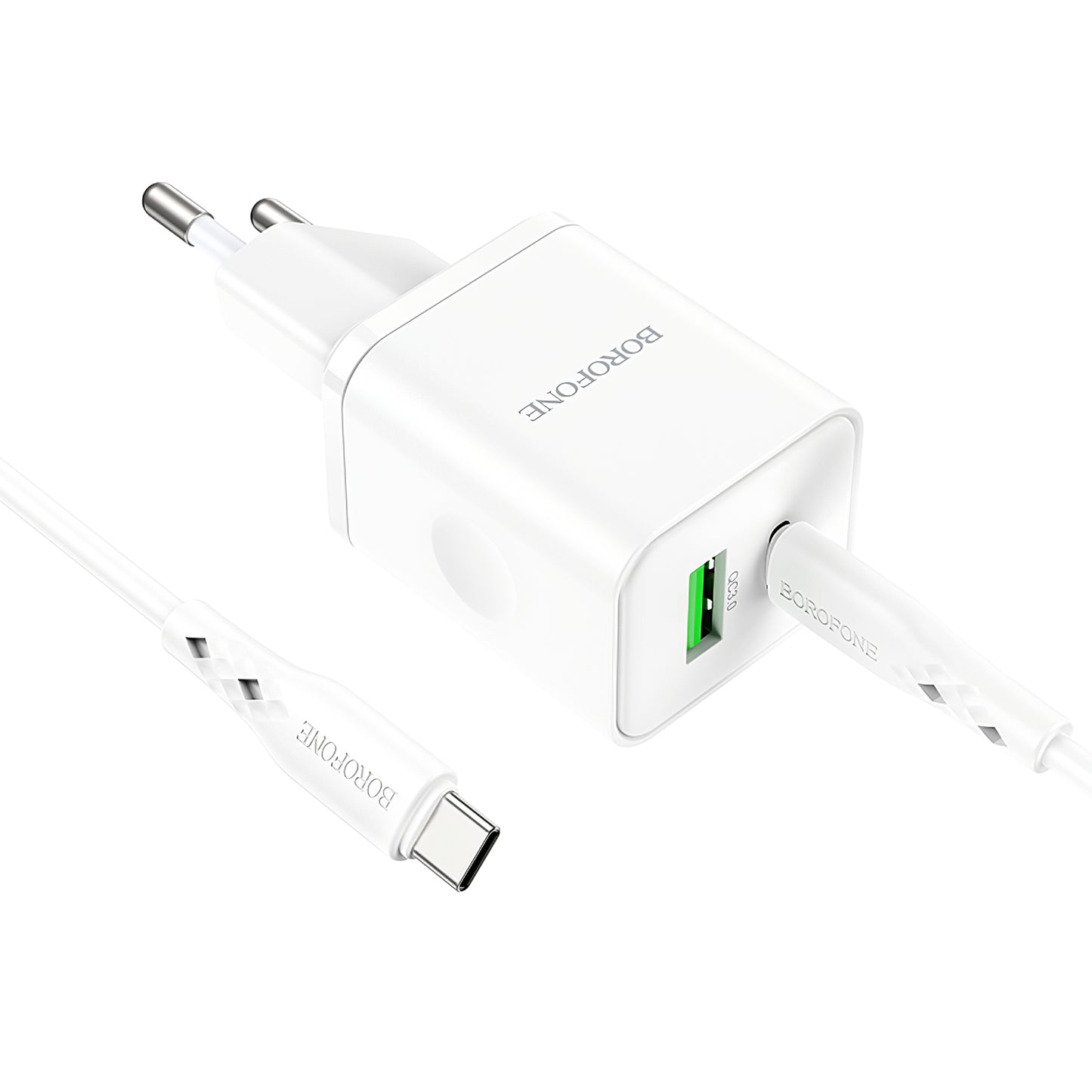 Carregador de rede com cabo USB-C Borofone BN7, 20W, 3A, 1 x USB-A - 1 x USB-C, branco