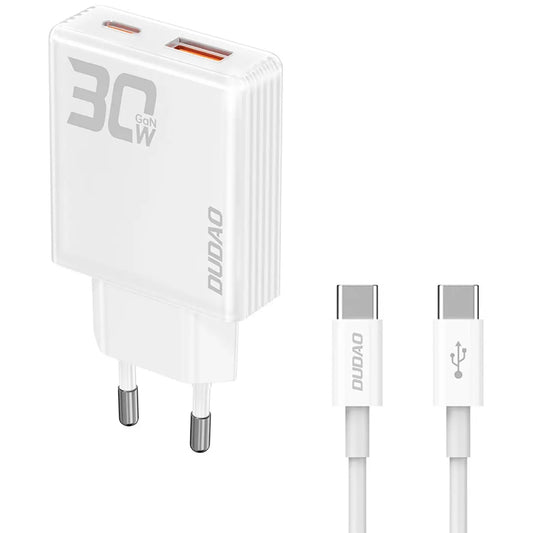 Carregador de rede com cabo USB-C Dudao A30EUT, 30W, 3A, 1 x USB-A - 1 x USB-C, branco