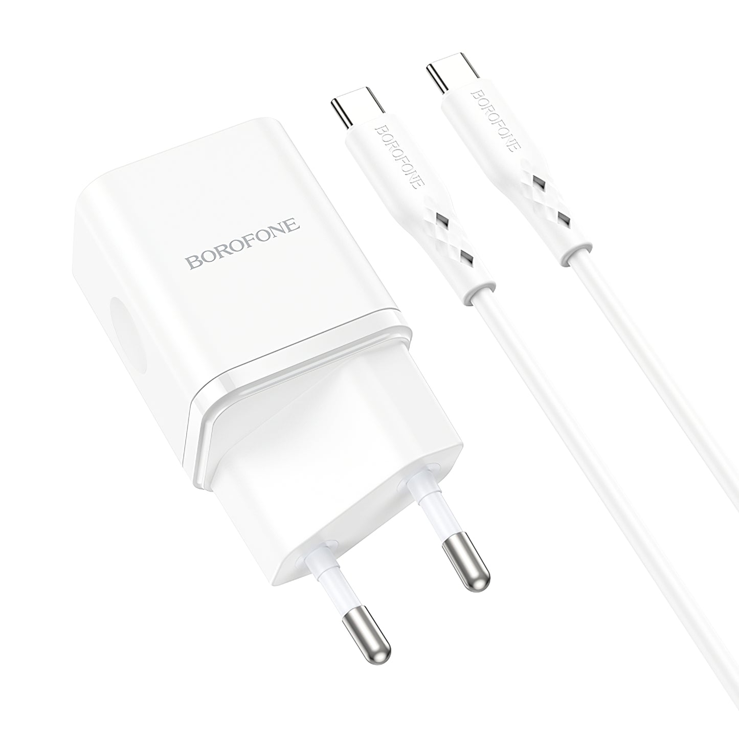 Carregador de rede com cabo USB-C Borofone BN7, 20W, 3A, 1 x USB-A - 1 x USB-C, branco