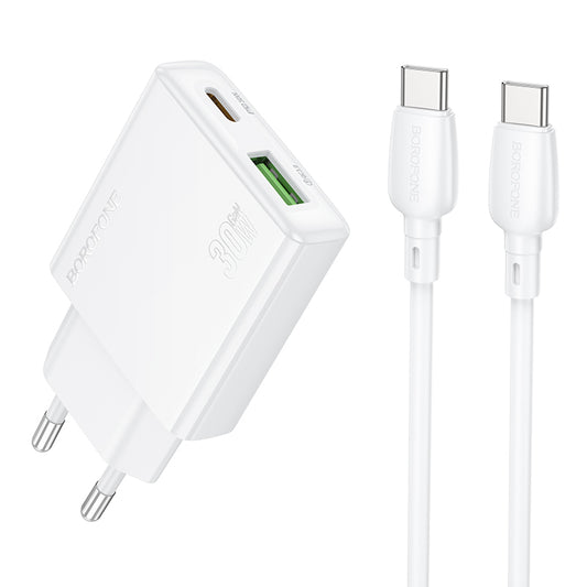 Carregador de rede com cabo USB-C Borofone BN25 Wish, 30W, 3A, 1 x USB-A - 1 x USB-C, branco