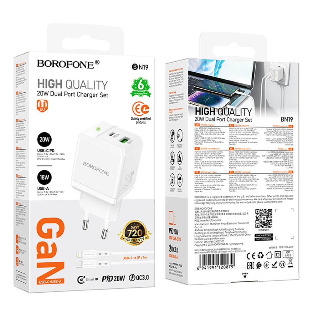 Carregador de Rede com Cabo Lightning Borofone BN19 Intenso, 20W, 3A, 1 x USB-A - 1 x USB-C, Branco