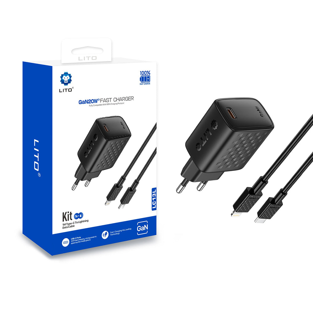 Carregador de Rede com Cabo Lightning Lito LC13L, 20W, 3A, 1 x USB-C, Preto