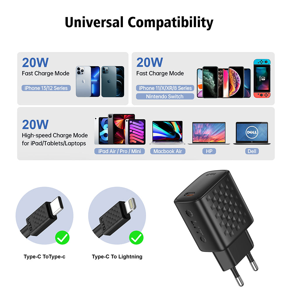 Carregador de Rede com Cabo Lightning Lito LC13L, 20W, 3A, 1 x USB-C, Preto