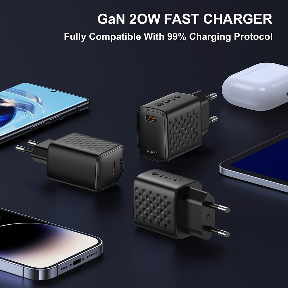 Carregador de Rede com Cabo Lightning Lito LC13L, 20W, 3A, 1 x USB-C, Preto