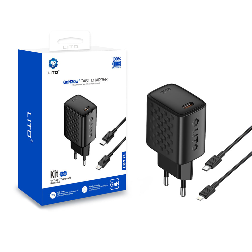 Carregador de Rede com Cabo Lightning Lito LC17L, 30W, 3A, 1 x USB-C, Preto