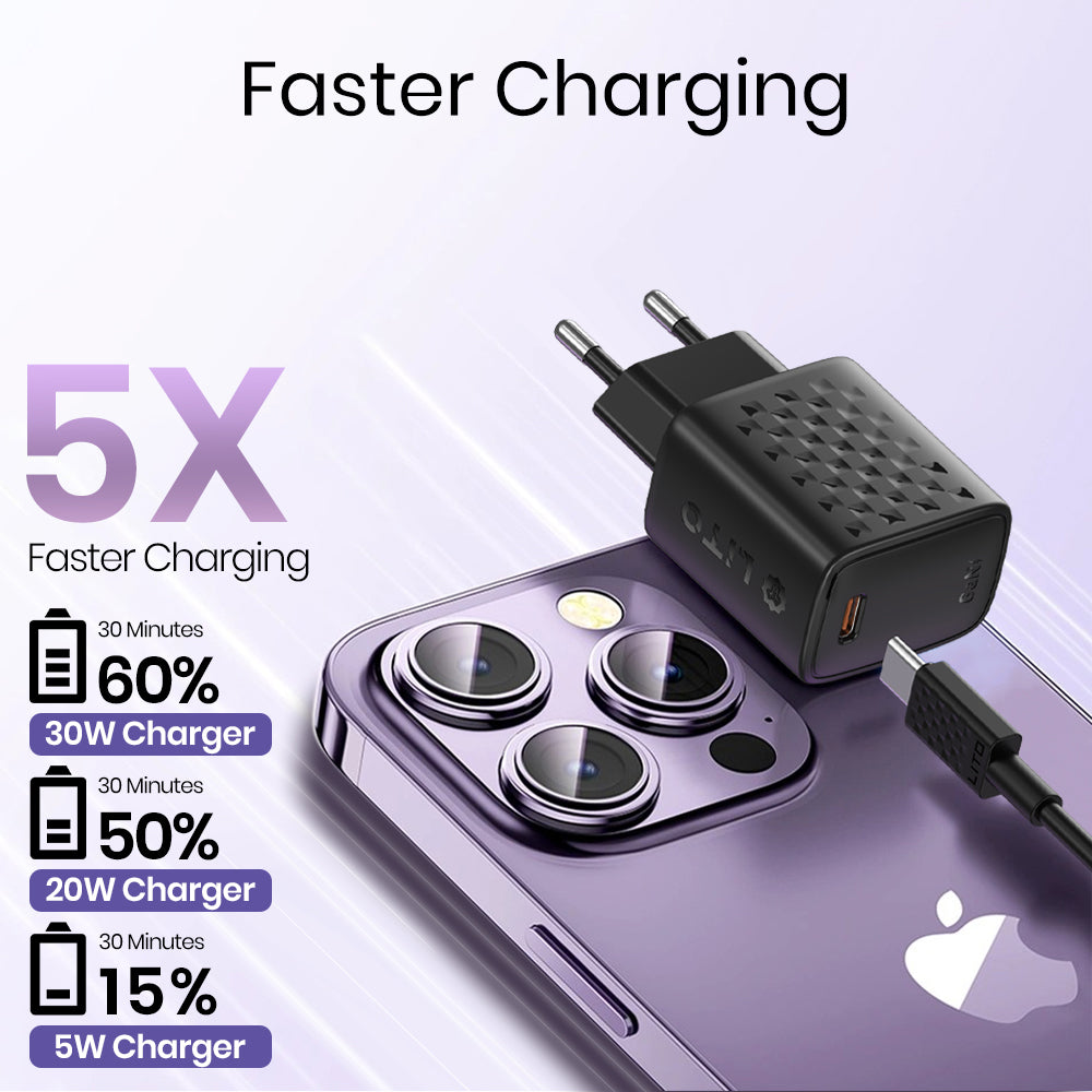 Carregador de Rede com Cabo Lightning Lito LC17L, 30W, 3A, 1 x USB-C, Preto