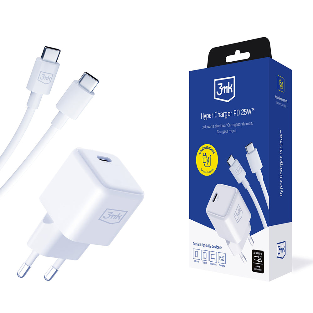 Carregador de Rede com Cabo USB-C 3MK Hyper, 25W, 3A, 1 x USB-C, Branco