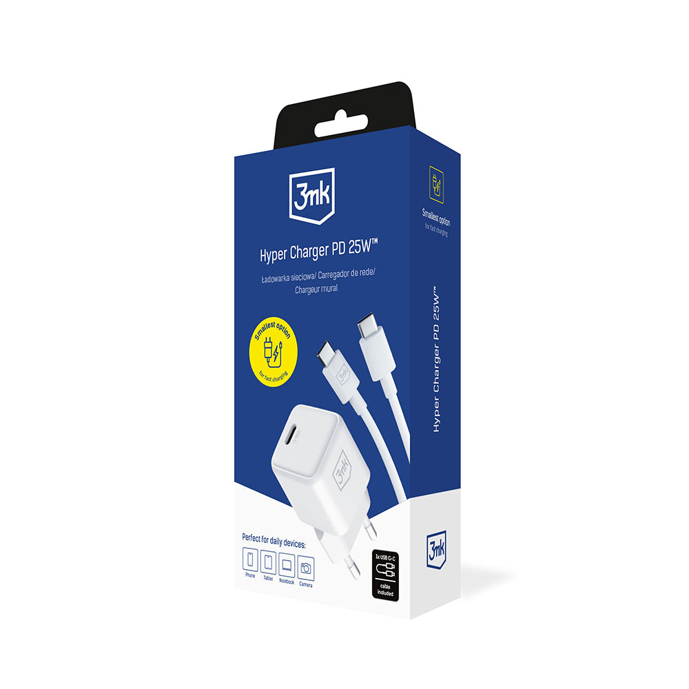 Carregador de Rede com Cabo USB-C 3MK Hyper, 25W, 3A, 1 x USB-C, Branco