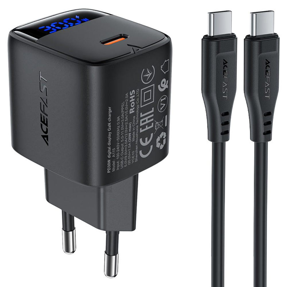 Carregador de Rede com Cabo USB-C Acefast A115 Display, 30W, 3A, 1 x USB-C, Preto