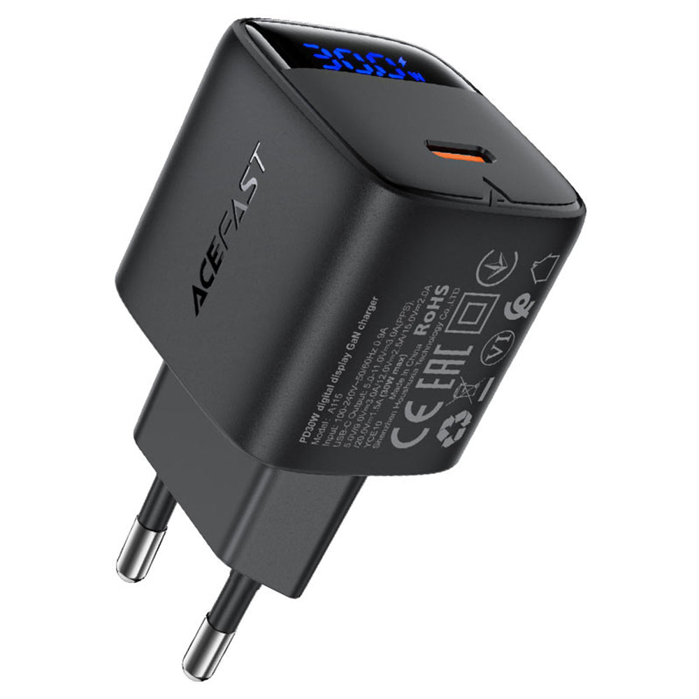 Carregador de Rede com Cabo USB-C Acefast A115 Display, 30W, 3A, 1 x USB-C, Preto
