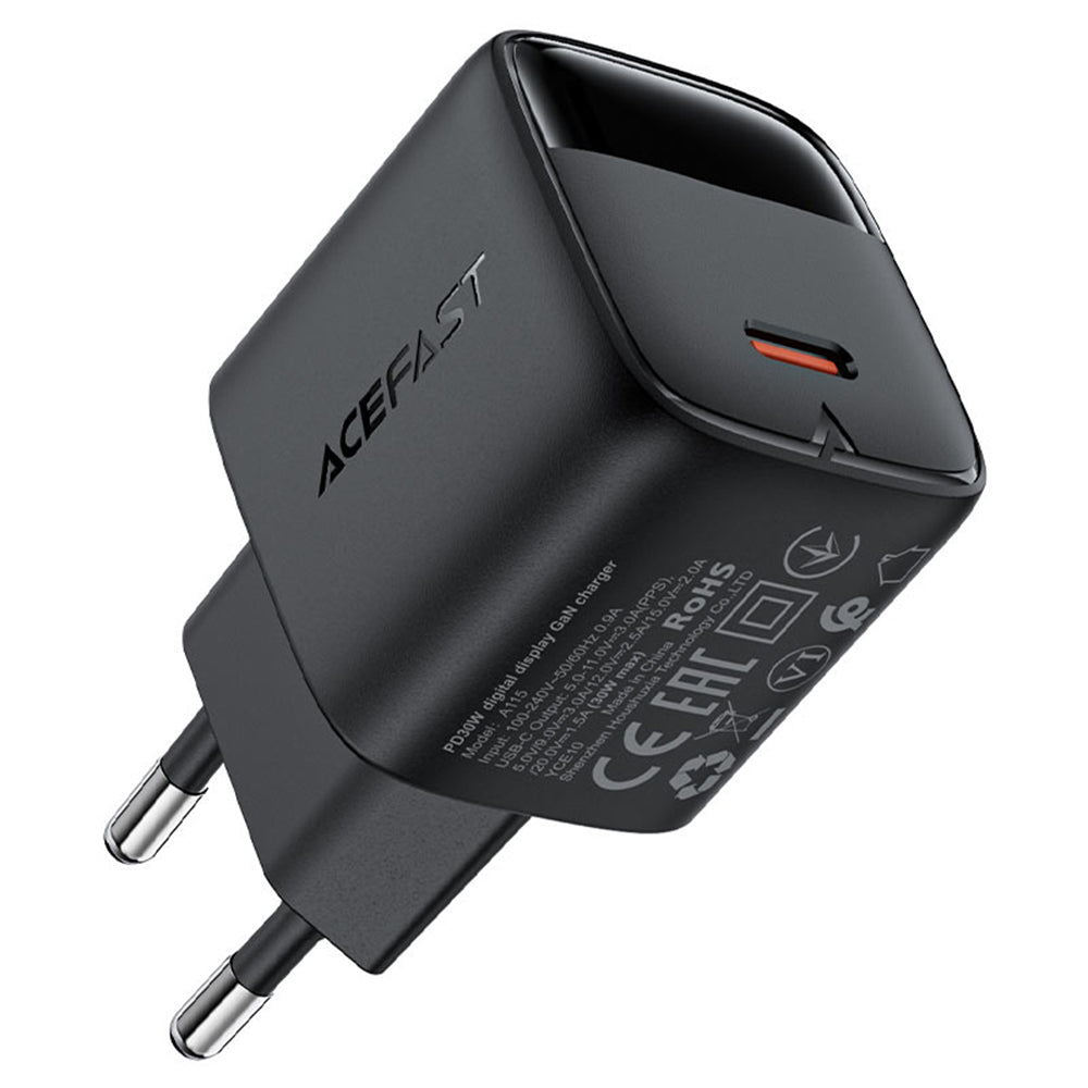 Carregador de Rede com Cabo USB-C Acefast A115 Display, 30W, 3A, 1 x USB-C, Preto
