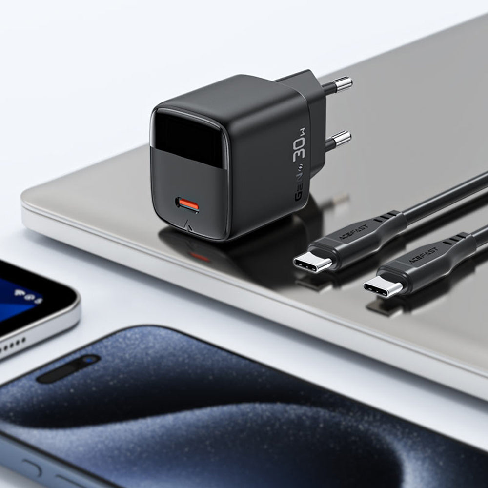 Carregador de Rede com Cabo USB-C Acefast A115 Display, 30W, 3A, 1 x USB-C, Preto