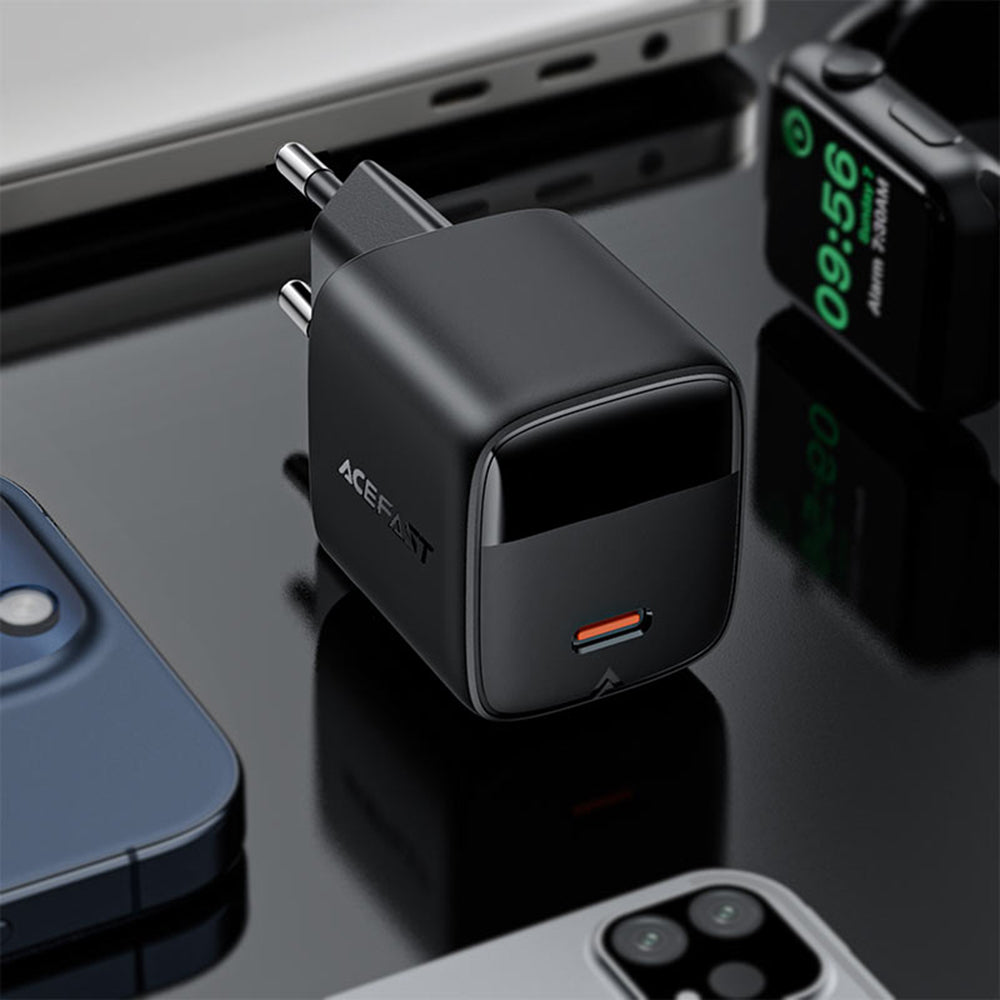Carregador de Rede com Cabo USB-C Acefast A115 Display, 30W, 3A, 1 x USB-C, Preto