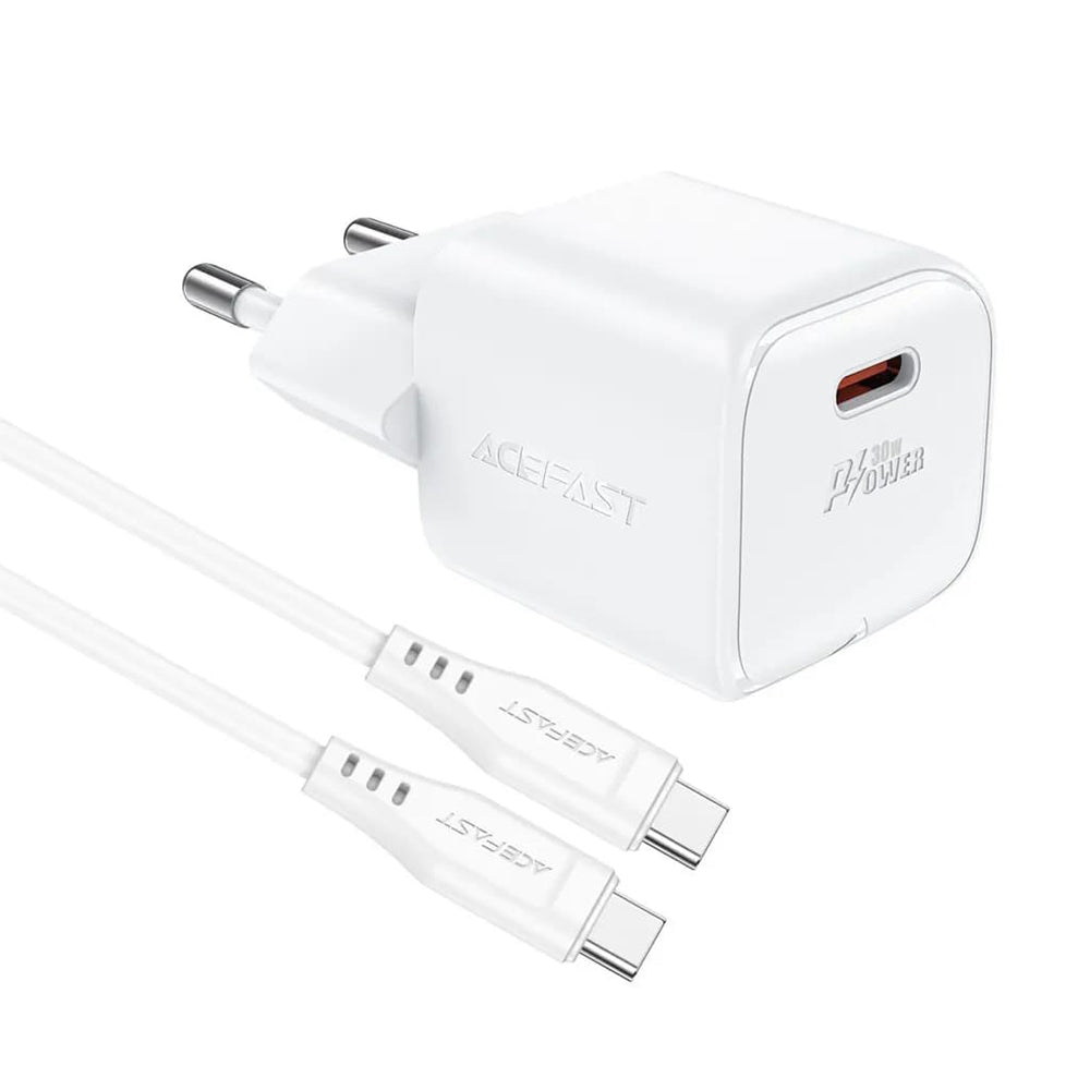 Carregador de Rede com Cabo USB-C Acefast A77, 30W, 3A, 1 x USB-C, Branco