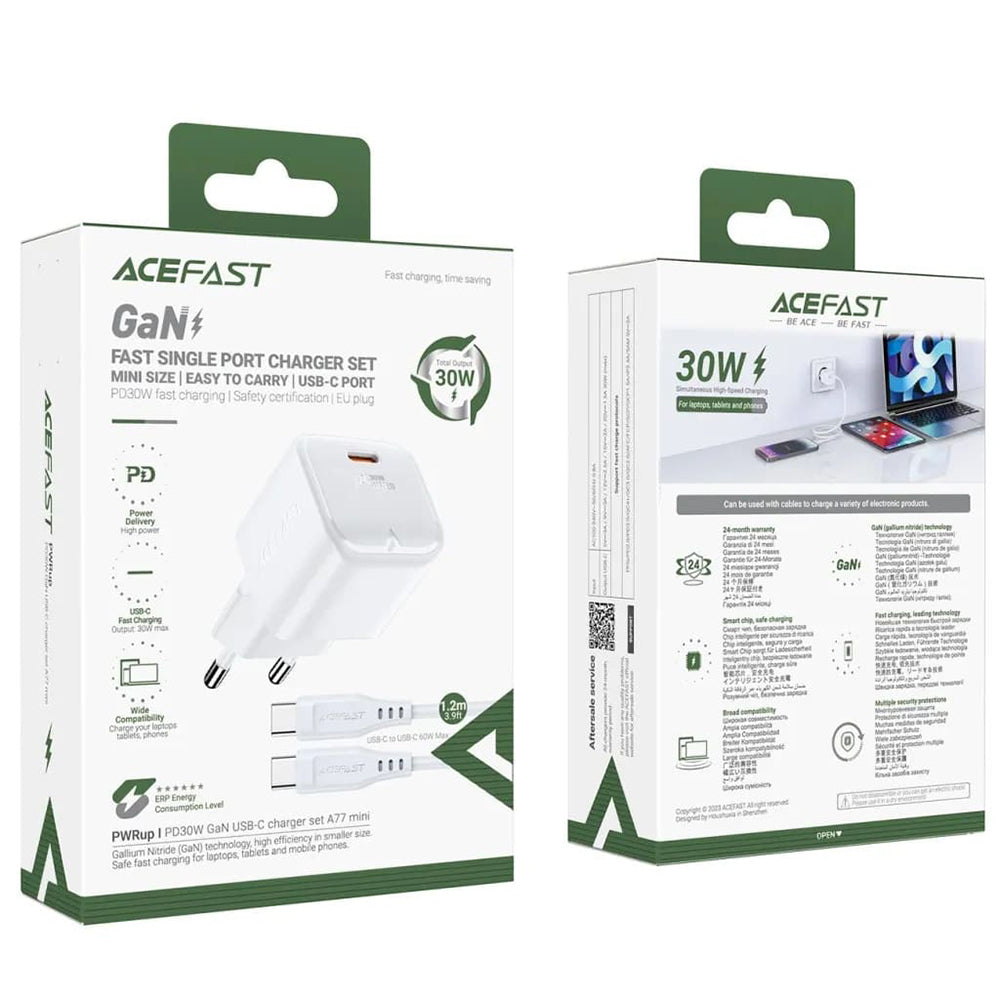 Carregador de Rede com Cabo USB-C Acefast A77, 30W, 3A, 1 x USB-C, Branco
