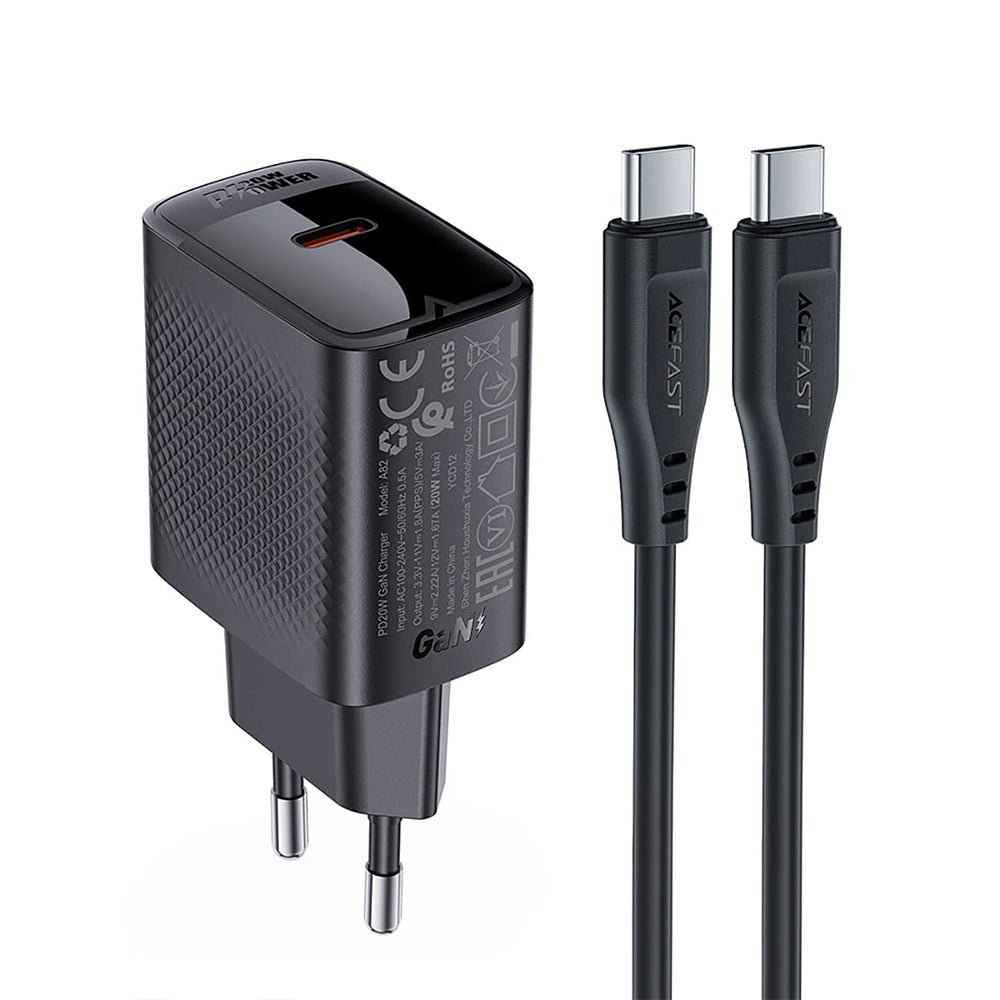 Carregador de Rede com Cabo USB-C Acefast A82, 20W, 3A, 1 x USB-C, Preto