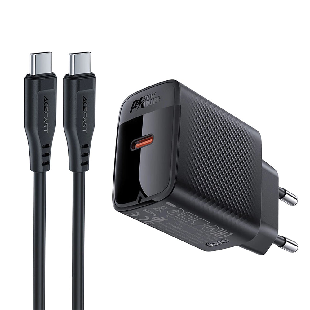 Carregador de Rede com Cabo USB-C Acefast A82, 20W, 3A, 1 x USB-C, Preto