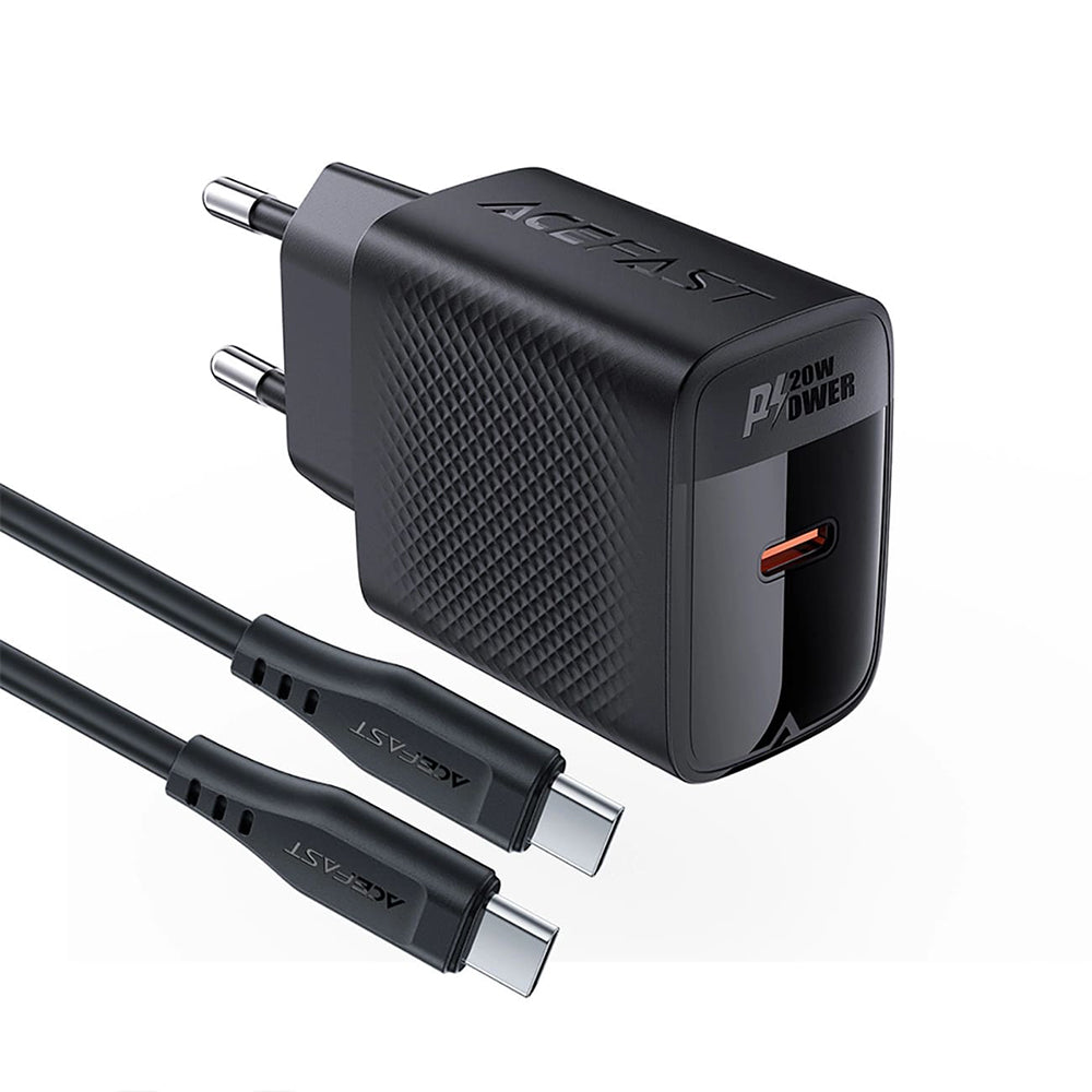 Carregador de Rede com Cabo USB-C Acefast A82, 20W, 3A, 1 x USB-C, Preto