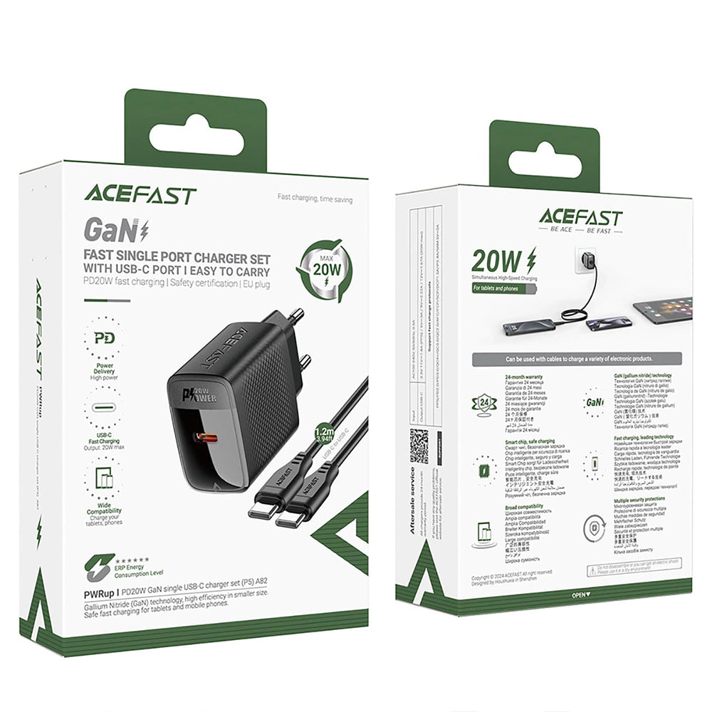 Carregador de Rede com Cabo USB-C Acefast A82, 20W, 3A, 1 x USB-C, Preto