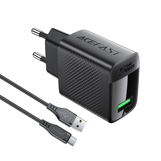 Carregador de Rede com Cabo USB-C Acefast A90, 18W, 3A, 1 x USB-A, Preto