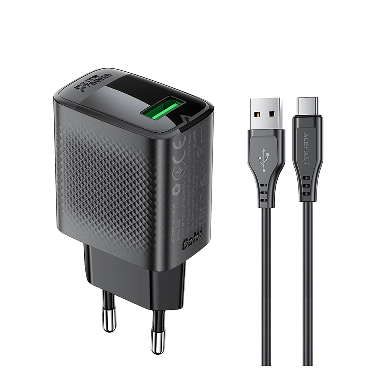 Carregador de Rede com Cabo USB-C Acefast A90, 18W, 3A, 1 x USB-A, Preto