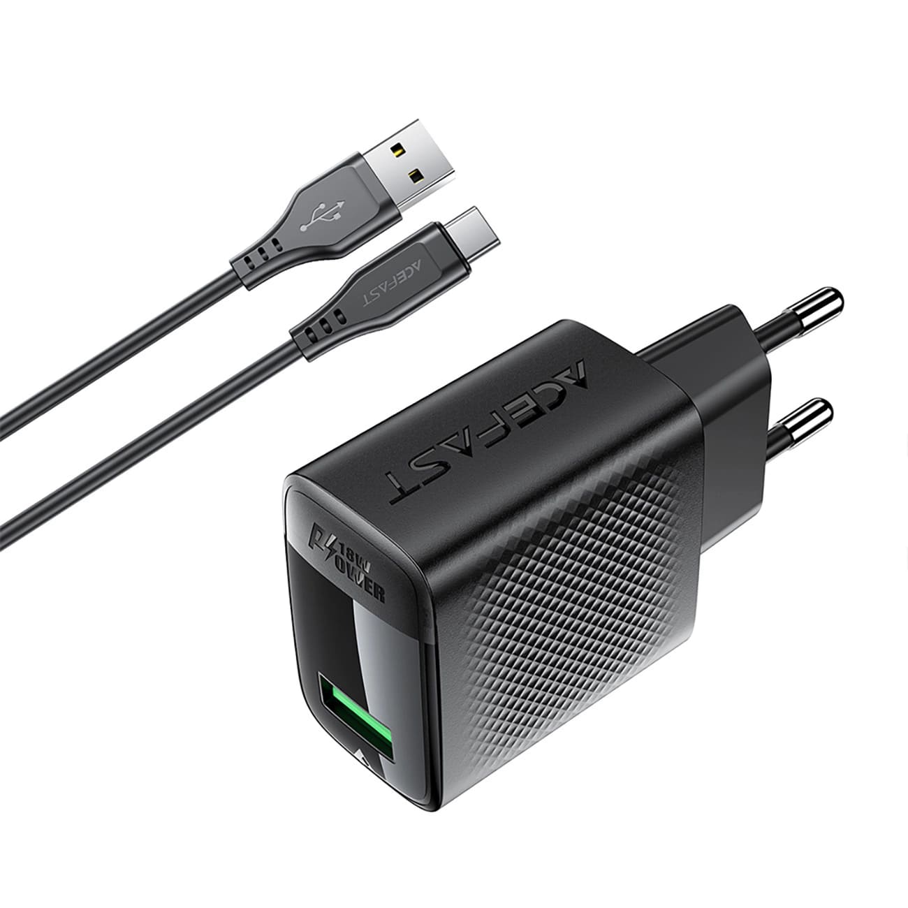 Carregador de Rede com Cabo USB-C Acefast A90, 18W, 3A, 1 x USB-A, Preto