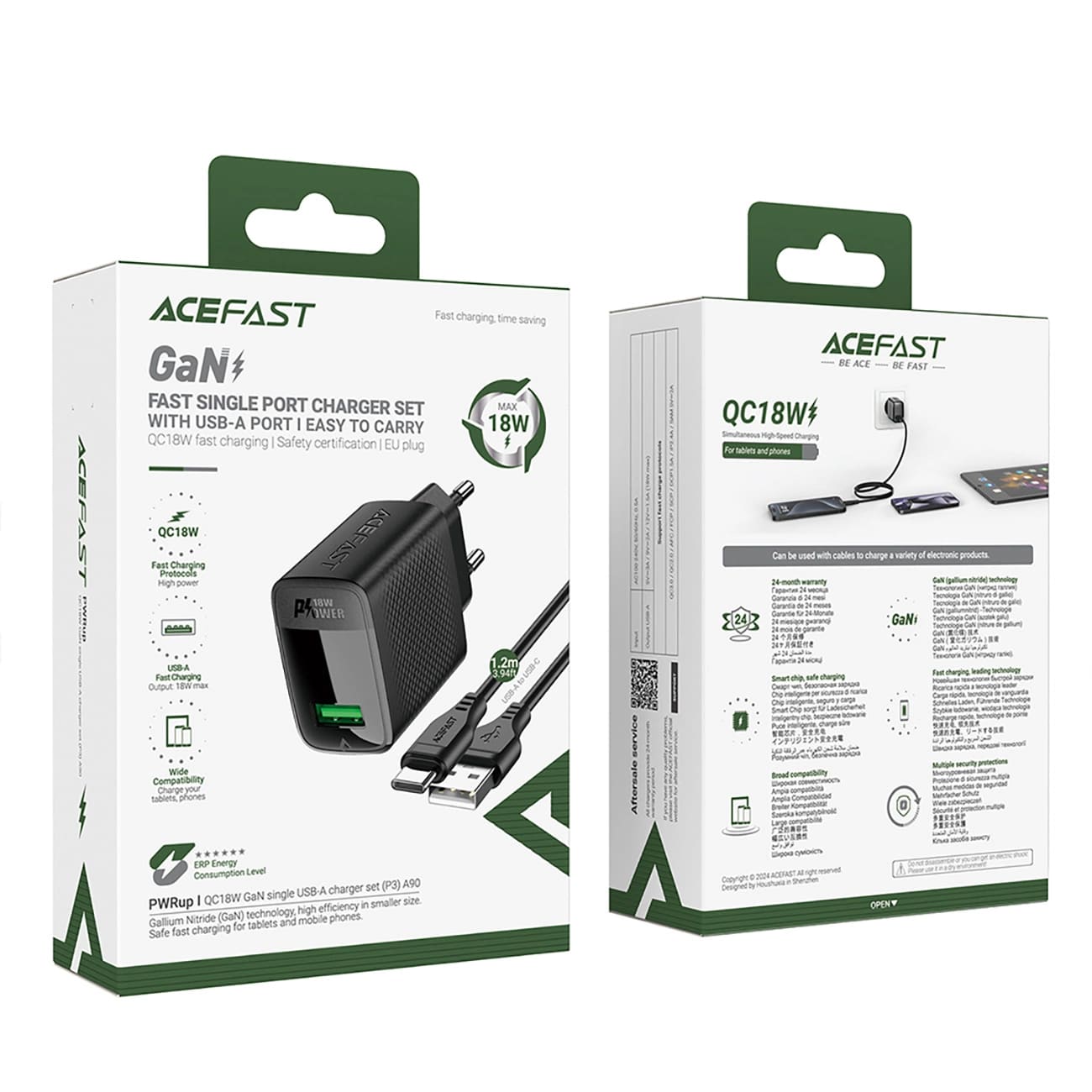 Carregador de Rede com Cabo USB-C Acefast A90, 18W, 3A, 1 x USB-A, Preto