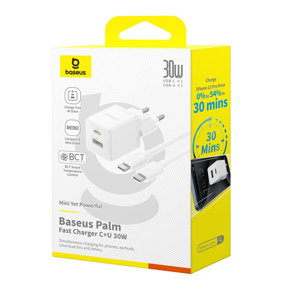 Carregador de Rede com Cabo USB-C Baseus Palm, 30W, 3A, 1 x USB-A - 1 x USB-C, Branco P1011160A213-01