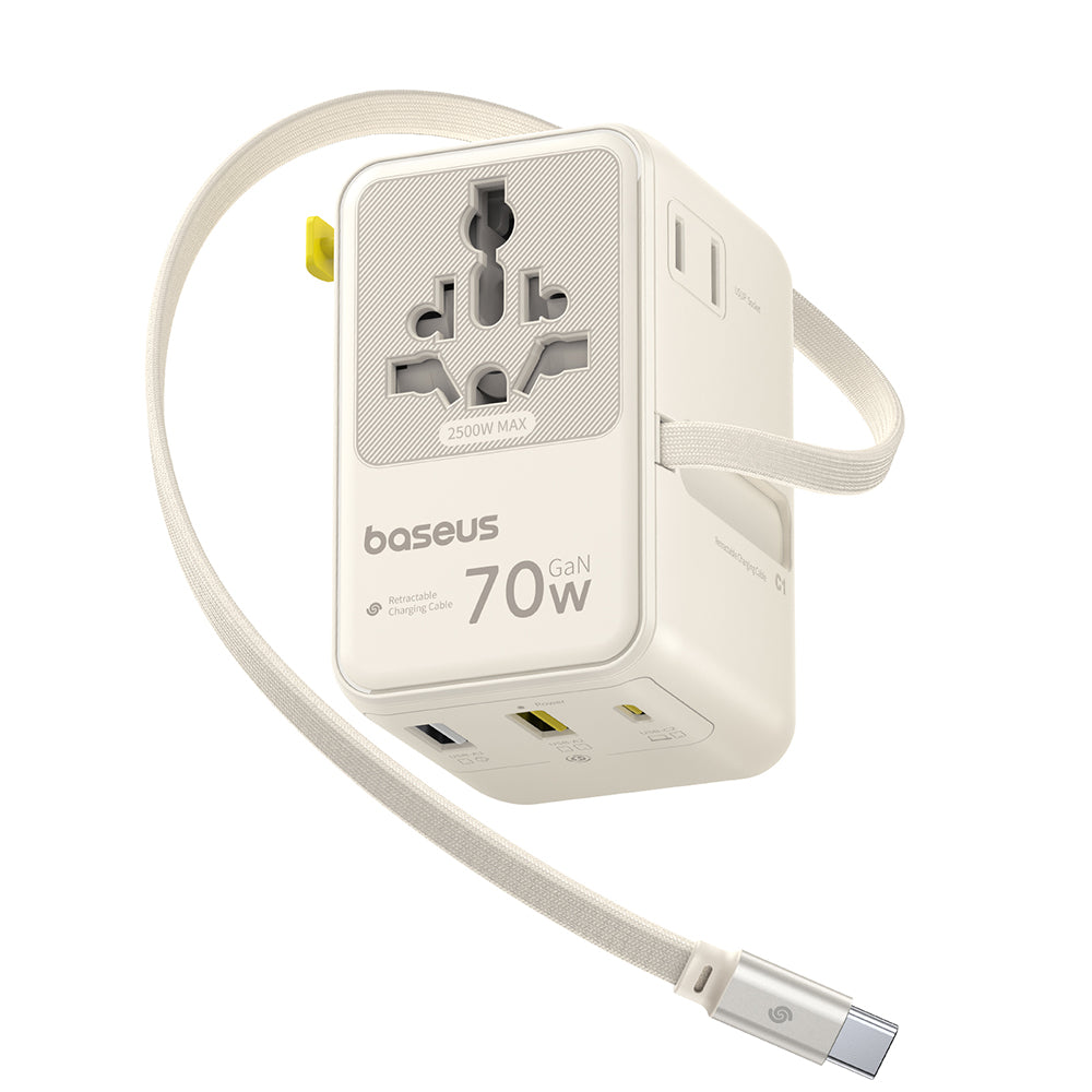 Carregador de Rede com Cabo USB-C Baseus Travel EnerCore CG11, 70W, 2 x Tomada - 1 x USB-C - 2 x USB-A, Branco E0307E01