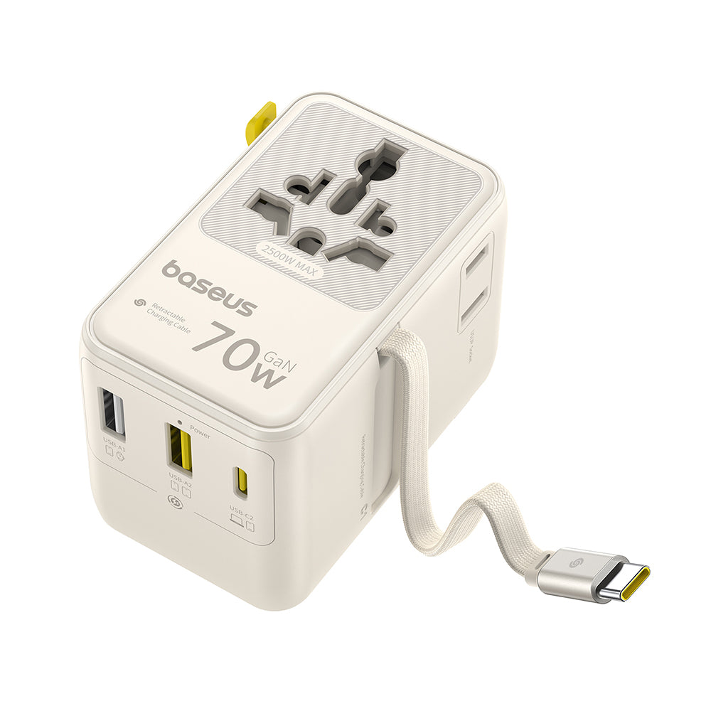 Carregador de Rede com Cabo USB-C Baseus Travel EnerCore CG11, 70W, 2 x Tomada - 1 x USB-C - 2 x USB-A, Branco E0307E01