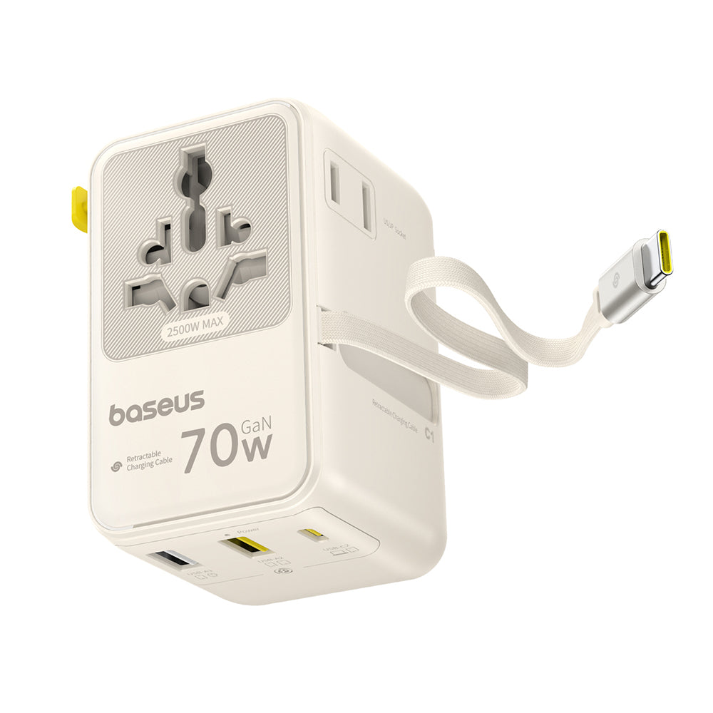 Carregador de Rede com Cabo USB-C Baseus Travel EnerCore CG11, 70W, 2 x Tomada - 1 x USB-C - 2 x USB-A, Branco E0307E01
