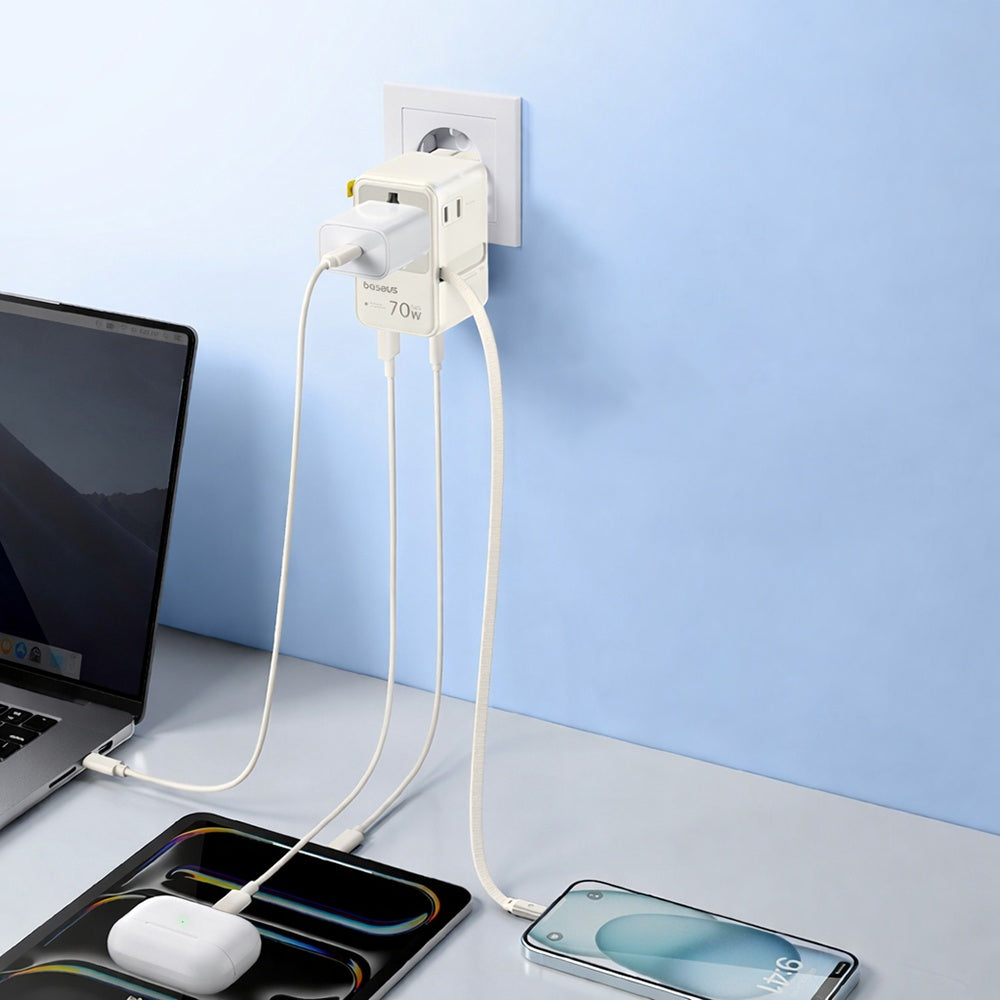 Carregador de Rede com Cabo USB-C Baseus Travel EnerCore CG11, 70W, 2 x Tomada - 1 x USB-C - 2 x USB-A, Branco E0307E01