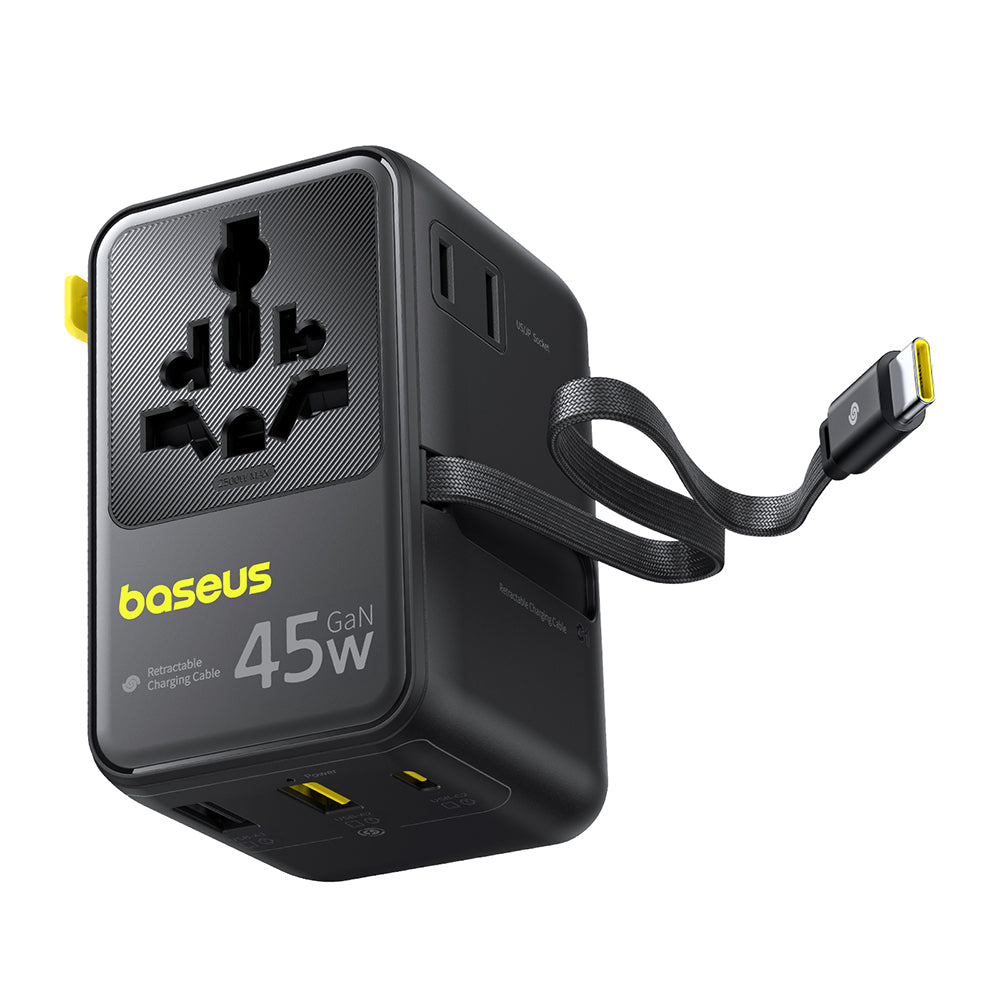 Carregador de Rede com Cabo USB-C Baseus Travel PicoGo AG11, 45W, 2 x Tomada - 1 x USB-C - 2 x USB-A, Preto E0307F00