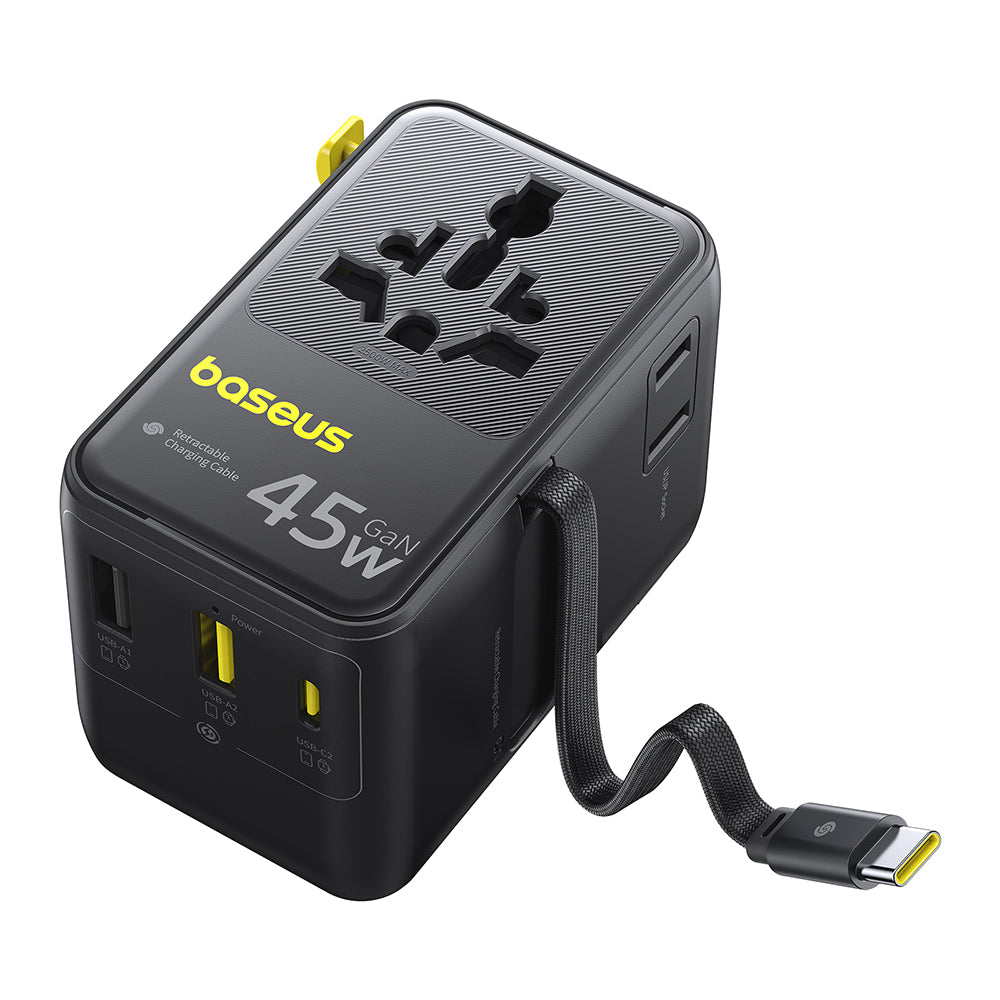 Carregador de Rede com Cabo USB-C Baseus Travel PicoGo AG11, 45W, 2 x Tomada - 1 x USB-C - 2 x USB-A, Preto E0307F00