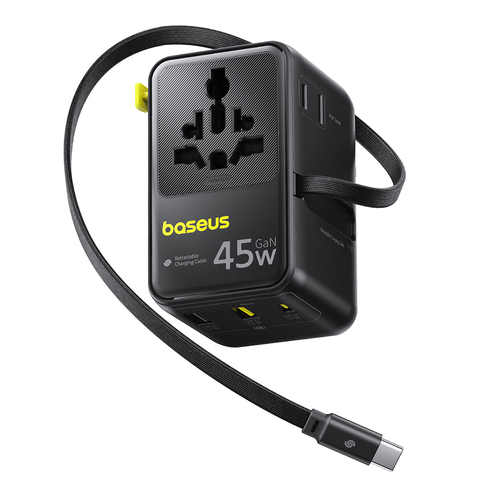 Carregador de Rede com Cabo USB-C Baseus Travel PicoGo AG11, 45W, 2 x Tomada - 1 x USB-C - 2 x USB-A, Preto E0307F00