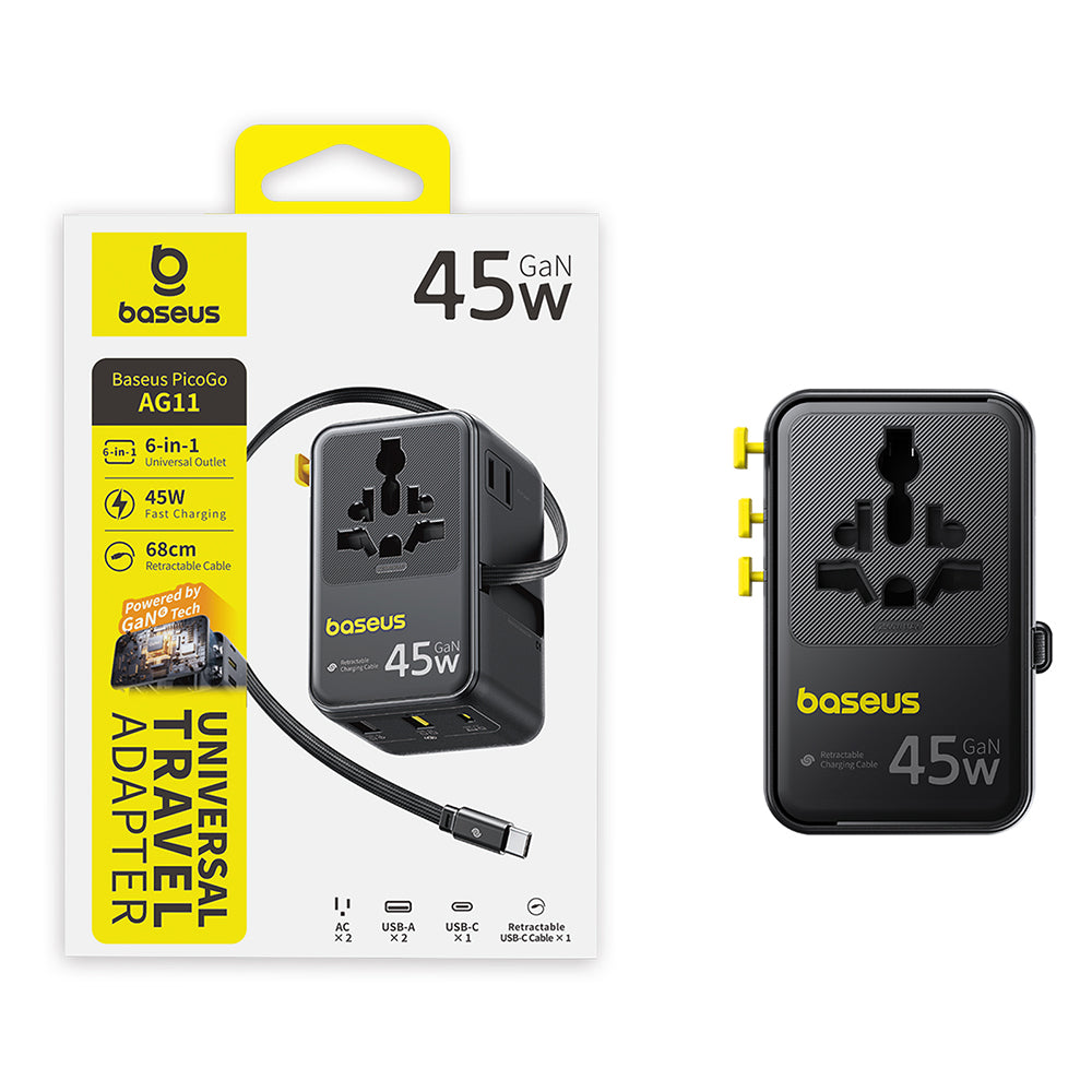 Carregador de Rede com Cabo USB-C Baseus Travel PicoGo AG11, 45W, 2 x Tomada - 1 x USB-C - 2 x USB-A, Preto E0307F00