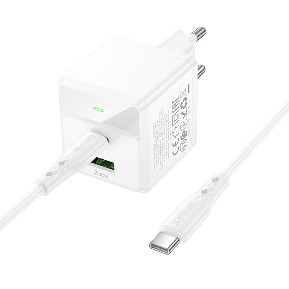 Carregador de Rede com Cabo USB-C Borofone BN19 Intenso, 20W, 3A, 1 x USB-A - 1 x USB-C, Branco