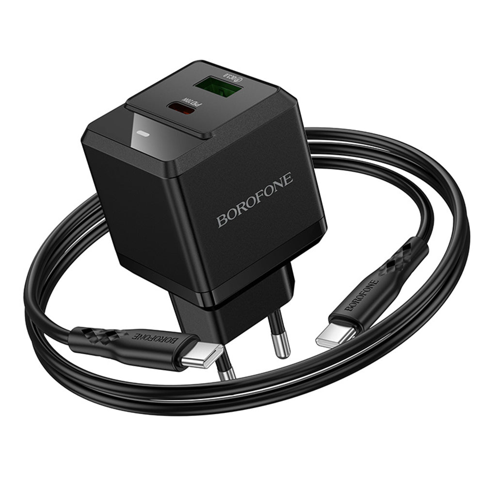Carregador de Rede com Cabo USB-C Borofone BN19 Intenso, 20W, 3A, 1 x USB-A - 1 x USB-C, Preto